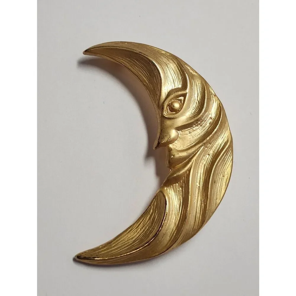Gold Tone Crescent Moon Face Brooch Matte Front